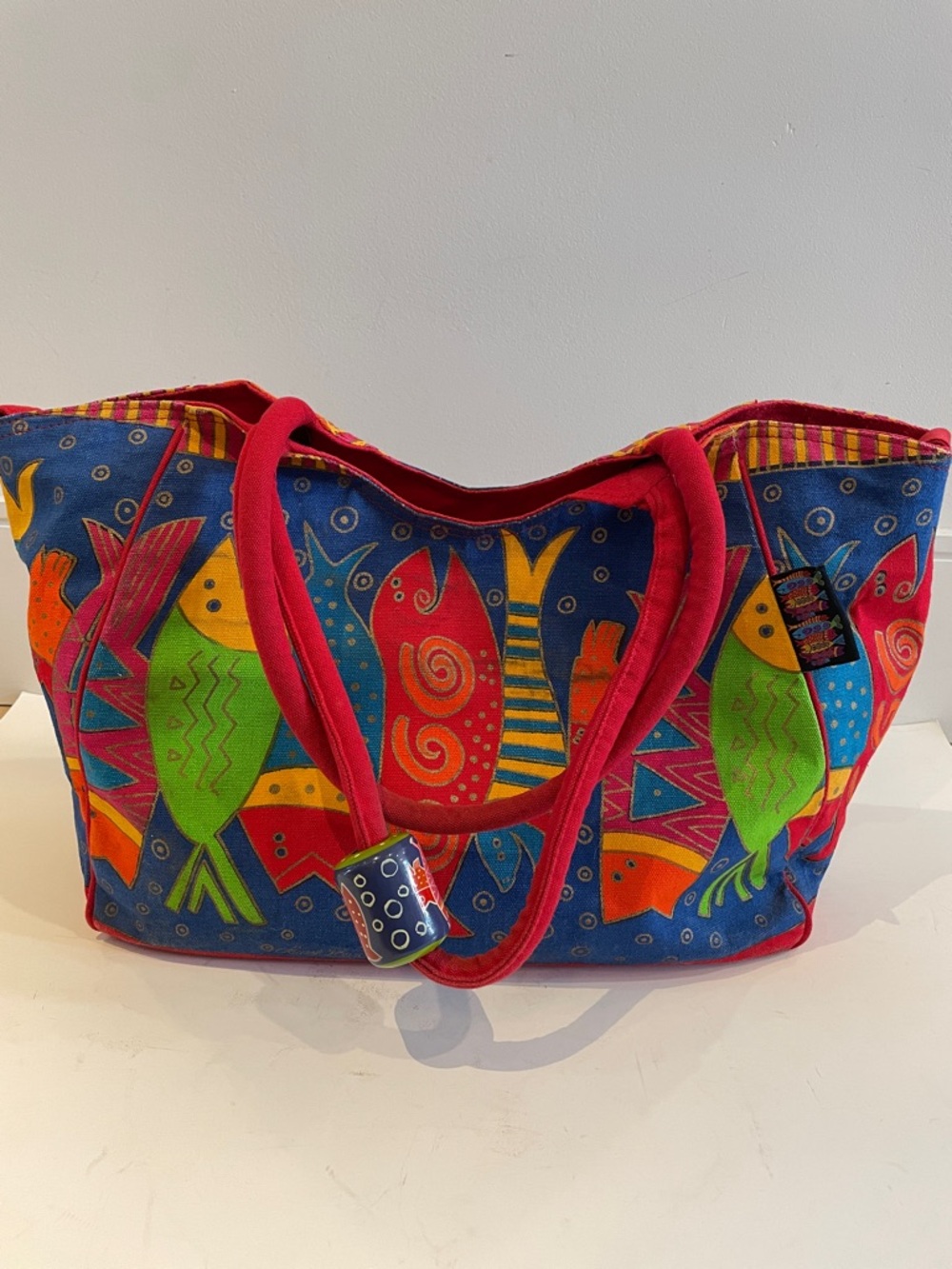 Laurel Burch Beach Bag Classic Fish Print Canvas Tote with Bead Detail